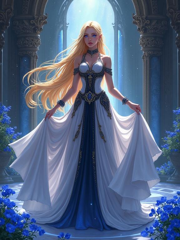 Anime character regal elf queen standing tall in ornate dress. Golden hair flows gently. White and black gown with sapphire accents. Blue flowers bloom around her. Calm authority in violet glowing eyes. Magical particles float in the air. Subtle breeze lifts edges of gown.