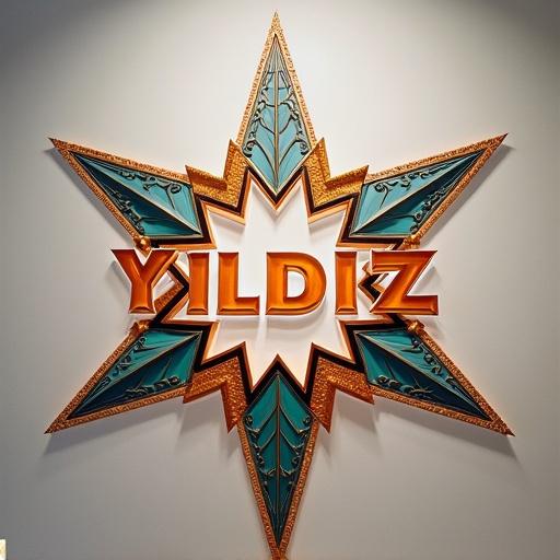 Graphic design of the word YILDIZ combined with a decorative star. Bright colors with turquoise, orange, and gold elements. Modern design aesthetics.
