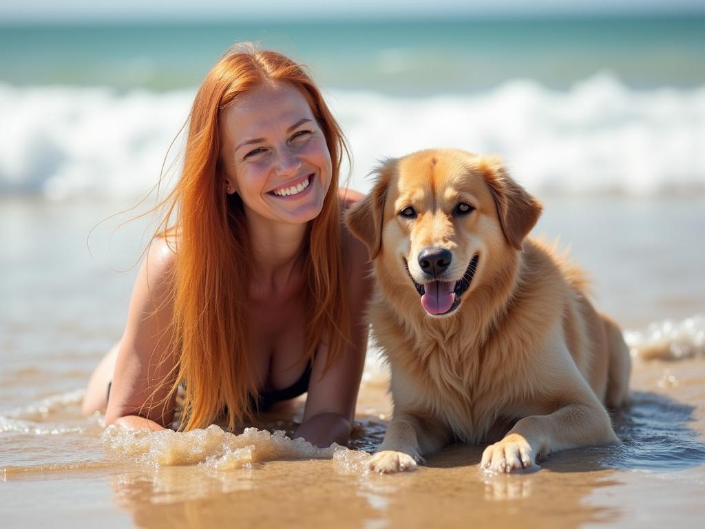 The image features a woman with long, red hair positioned on a sandy beach, partially submerged in shallow water. She appears to be in a playful interaction with a large, cheerful dog that has a fluffy coat and a prominent smile. The composition captures the intimacy of their moment with the ocean waves gently rolling in the background. The lighting is bright, reflecting a sunny day, highlighting the warm colors of the scene.