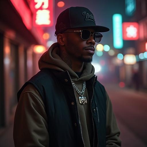 Fashionable individual poses in urban environment. Nighttime street scene illuminated by neon lights. Strong fashion statement with a relaxed yet stylish look. Influences of hip-hop and street culture prominent.