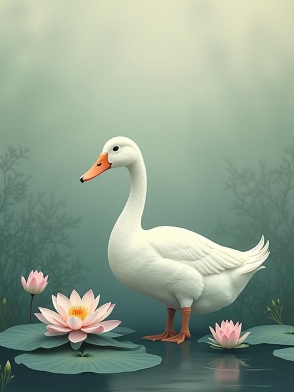 Depiction of a white duck near lotus flowers in a serene environment. Minimalist style with elegance and mystery.