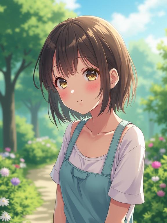 Close-up of a beautiful girl in a garden with sunlight. The girl has short brown hair and bright golden eyes. She wears a light shirt under a blue apron. The scenery includes flowers and trees.