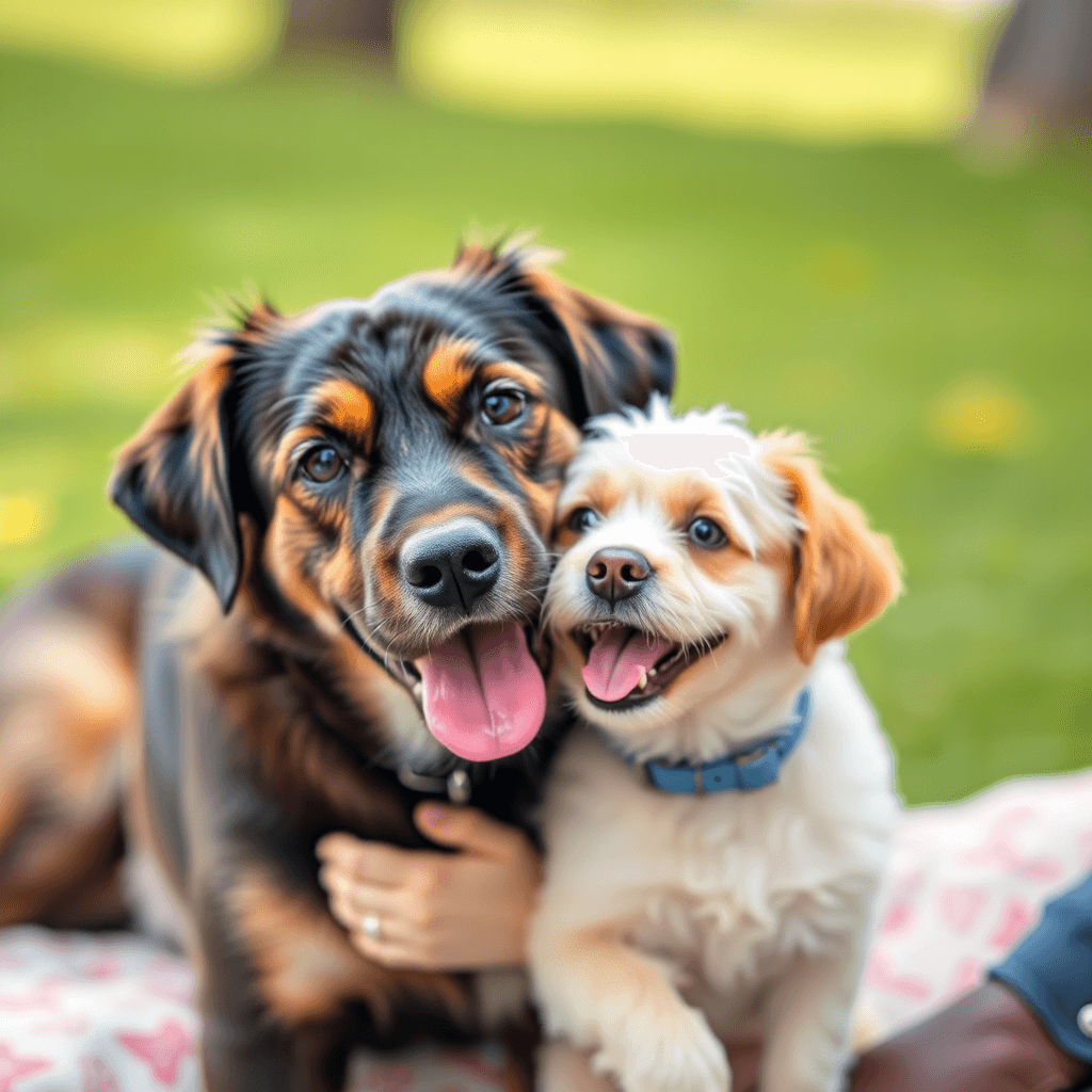 Two happy dogs with tongues out sitting close together on a colorful blanket outdoors.