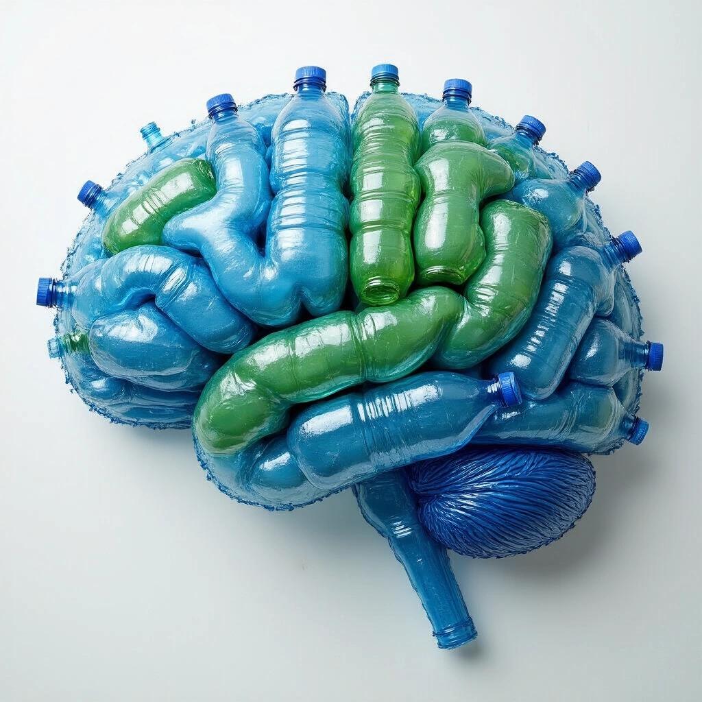 A brain form constructed from plastic bottles in blue and green. The plastic bottles are subtly intertwined to resemble brain anatomy.