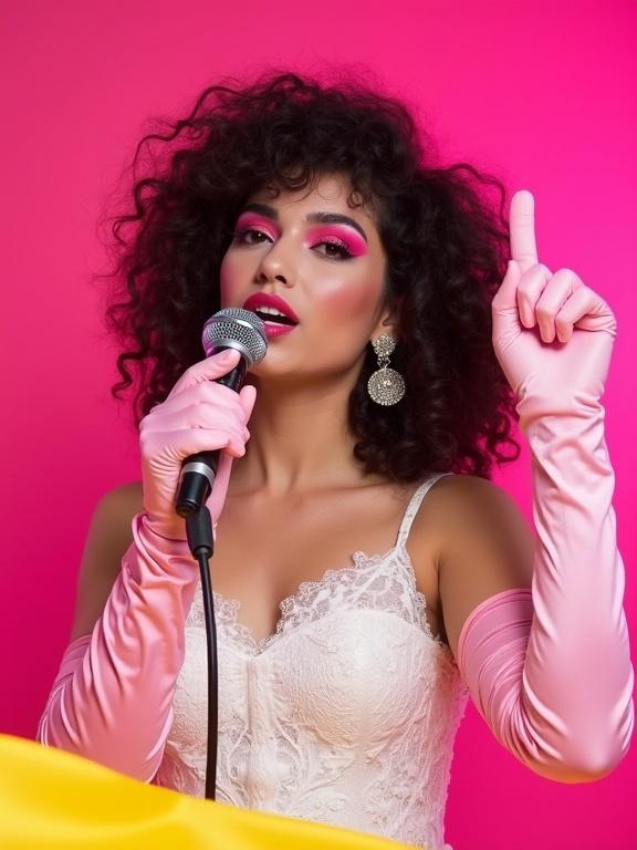 A young woman with curls sings into a microphone. She wears a white lace dress, long pink satin gloves, and sparkly earrings. A pink background complements her bright makeup. Her hand holds the microphone, and the other is raised. Yellow fabric is at the bottom.