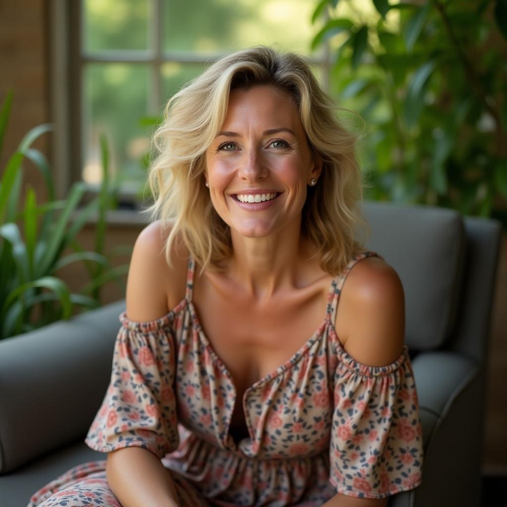 Lovely lady, aged 40, sitting comfortably on a chair with a warm smile. Surrounded by indoor greenery, natural light filters in, creating a relaxed atmosphere. She wears a floral dress with off-shoulder sleeves. Hair is styled in soft waves, enhancing her joyful demeanor.