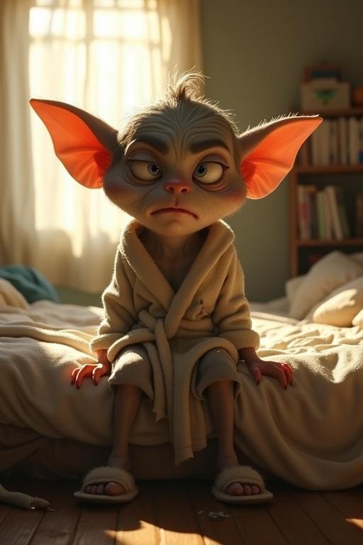 A cartoon humanoid creature with exaggerated features sitting on a bed. The environment is messy and has soft sunlight filtering through curtains. The creature has a melancholic expression while dressed in a bathrobe and slippers.