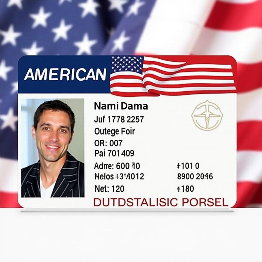 An American ID card with personal information displayed featuring a name and ID number. It has a photograph and a flag in the corner. The ID represents a visual identification document.