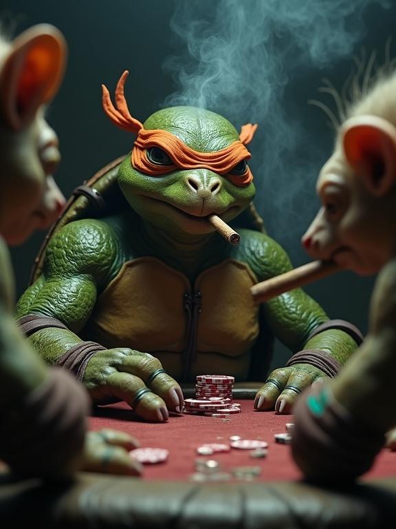 Old ninja turtle plays poker. Humanoid rats sit across. Cigar smoke fills dark room. Poker chips piled low. Tense atmosphere.