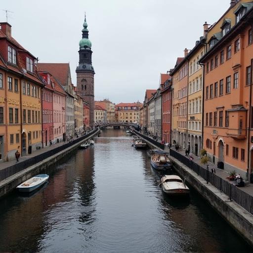 View of Gamla Stan in Stockholm. Historic streets alongside a narrow canal. Buildings in warm colors reflect on the water. Overcast sky and soft light.