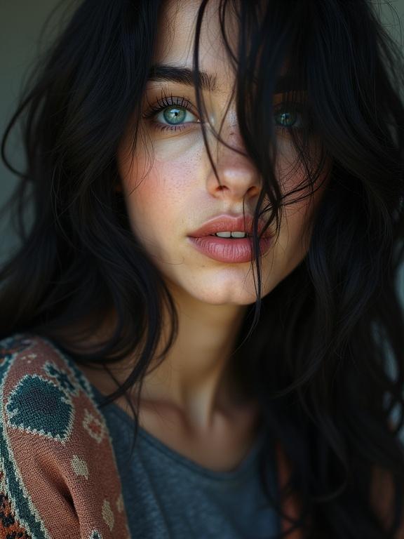 Image focuses on a close-up of a woman with long black hair and turquoise eyes. She wears a dark grey shirt and has a shawl. The shot highlights her lips and a playful expression.