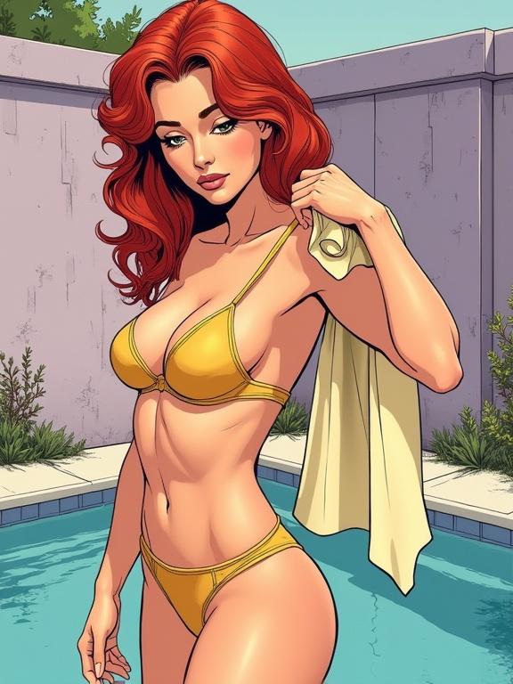 A woman with red hair stands by a pool wearing a yellow bikini. She is drying herself with a towel. The scene has stone walls and light purple shading in the background. She is in a three-quarter view and looks down with a neutral expression. The style is comic book art with bold lines.