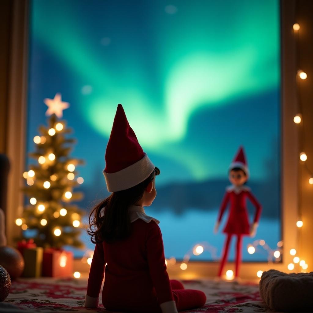 This image presents an enchanting Christmas scene featuring a girl Elf on the Shelf, turned away from the viewer, gazing at the stunning northern lights outside. She wears classic holiday attire, embodying the essence of Christmas. The background showcases a beautifully decorated Christmas tree adorned with twinkling fairy lights, enhancing the festive atmosphere. The northern lights create a magical and serene ambiance, filling the room with wonder. This illustrative capture invites viewers into a joyful holiday narrative, evoking feelings of nostalgia and cheer.