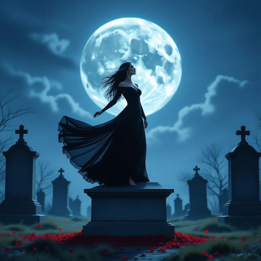 A figure dances gracefully on a tombstone. The figure wears a flowing black gown. Long dark hair flows around. Expression shows serene confidence. Gazes skyward at a full moon. The moon bathes the scene in ghostly light. Surrounding red rose petals add vivid color. Shadows of gravestones rise in twilight. Barefoot and poised, evoking beauty and melancholy.