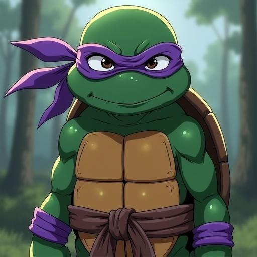 Donatello the Ninja Turtle illustrated in anime style. Character wears a purple bandana and has a confident expression. Background features a forest setting with trees and soft lighting.