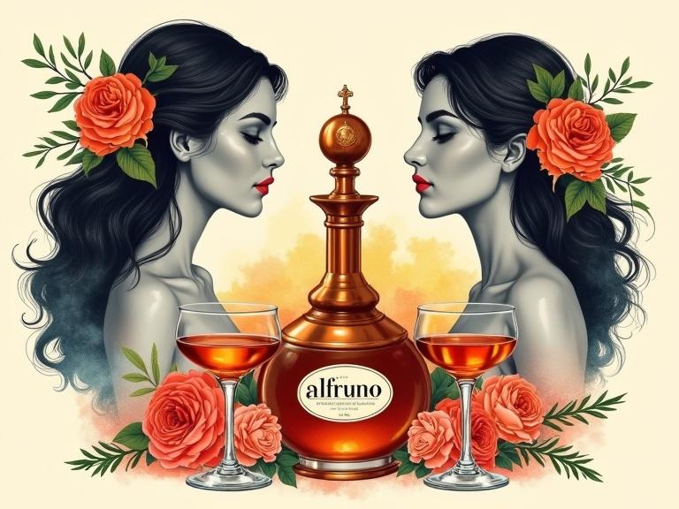 Stylized illustration features two women in profile facing each other. Women have long, flowing hair with flowers. Skin is grayscale. Centrally placed copper distillation apparatus. Below is an apothecary-style bottle of Alfruno liqueur with amber liquid. Flanked by cocktail glasses filled with liqueur. Surrounded by colorful roses and rosemary sprigs. Background has watercolor blend of warm hues.