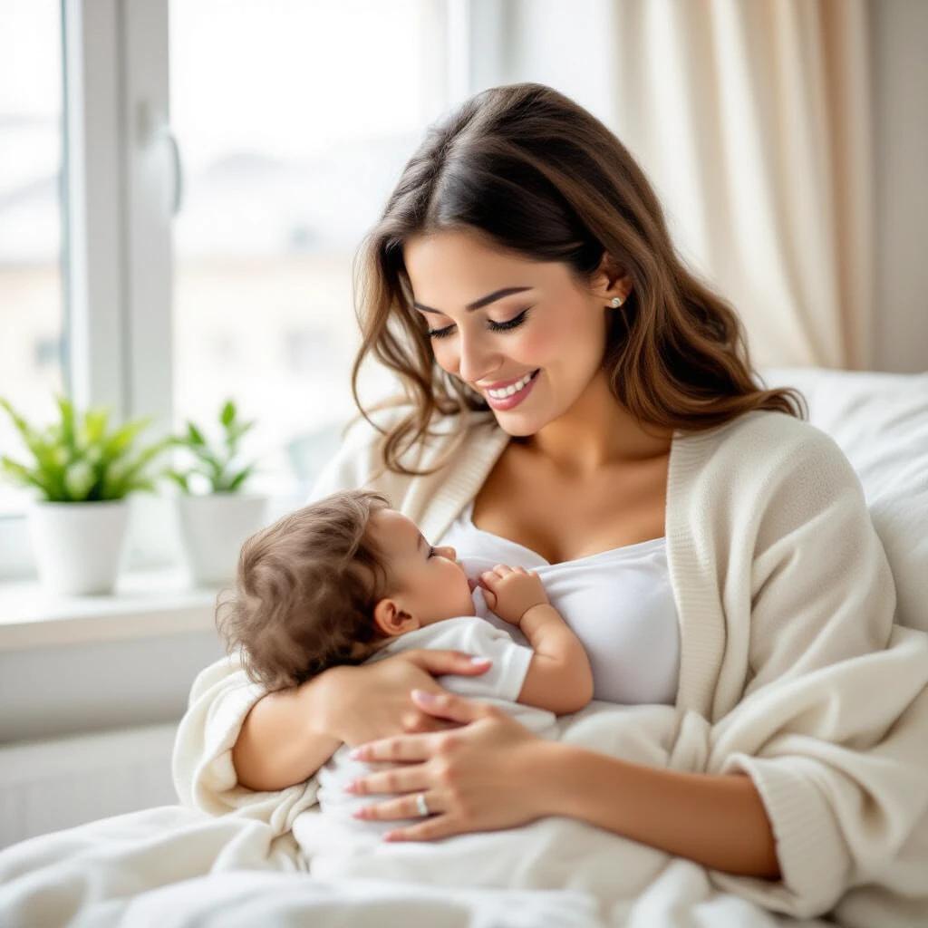 A woman sits comfortably in a bright room. She breastfeeds her infant. Soft light fills the space. A plant is visible in the background. Cozy atmosphere is depicted.