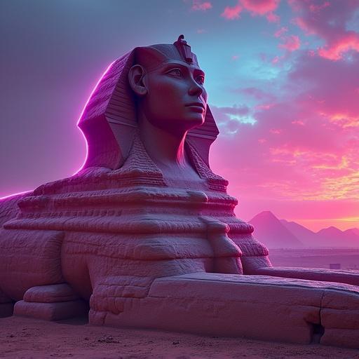 Great Sphinx of Giza reimagined with cyberpunk elements. Bright neon lights illuminate the scene. Surreal futuristic sky enhances the atmosphere. Textures are detailed and vivid.