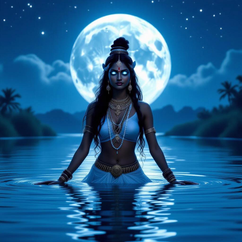 Indian water spirit in ethereal moonlit lagoon. Spirit wears traditional attire. Scene set in tranquil waters with moon reflecting. Lush greenery surrounds the area. The spirit has glowing eyes and jewelry.