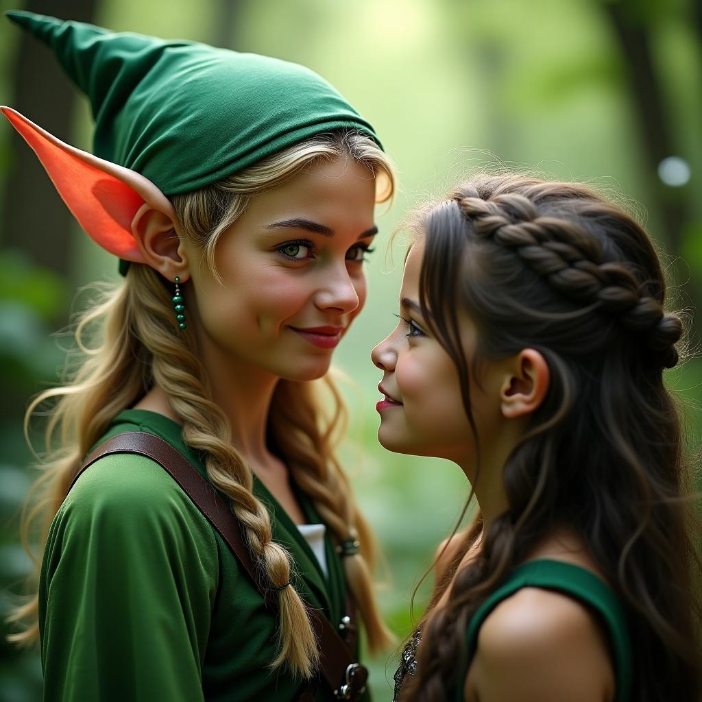 Two young elf characters in a forest setting. One character has pointed ears and a green outfit. They are gazing at each other. Background is blurred with green foliage.