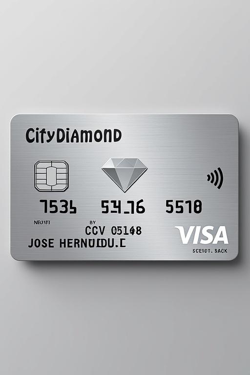 Realistic representation of a credit card. The front features City Diamond preferred text. The card has a clean silver background. Bold black font is used. Includes a realistic magnetic strip and signature panel. Displays a signature by Jose Hernandez and CVV accurately placed as 546.