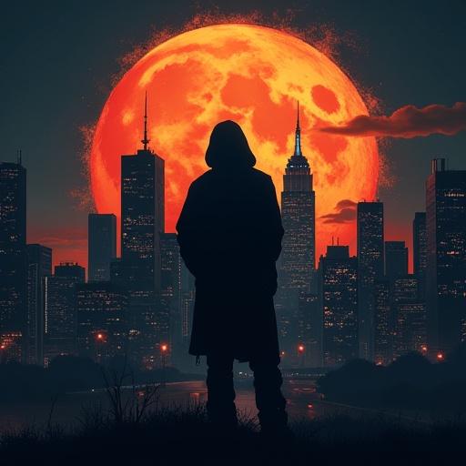 Dark silhouette of a person in a hooded cloak. Background features a city skyline with tall buildings. A large full moon glows red in the sky. The overall vibe is edgy and urban.