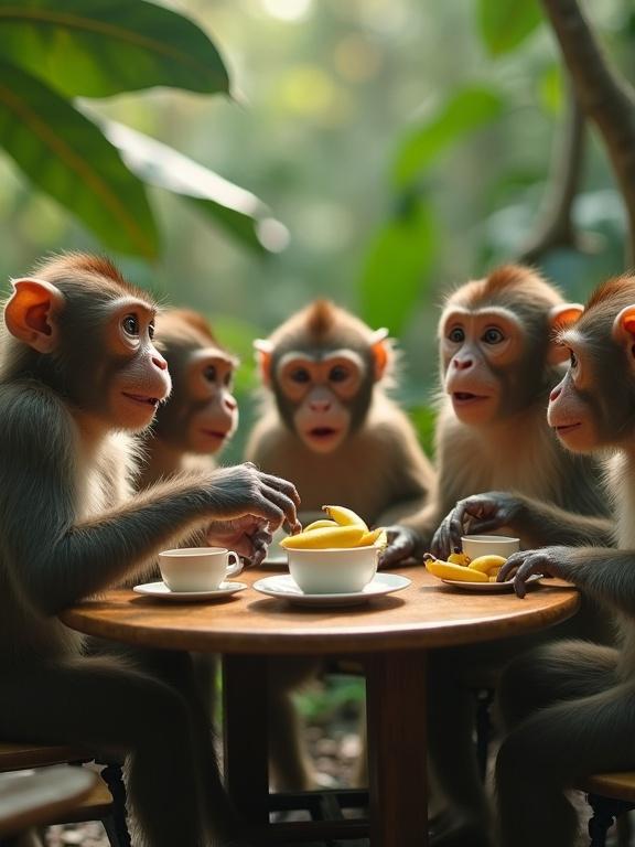Ultra-realistic scene of monkeys in jungle. Group of monkeys around table. Monkeys wearing tiny clothes. One monkey flips teacup. Another monkey gasps. A third monkey holds banana like a weapon. Bright lighting and expressive faces. Suitable for comedy video.