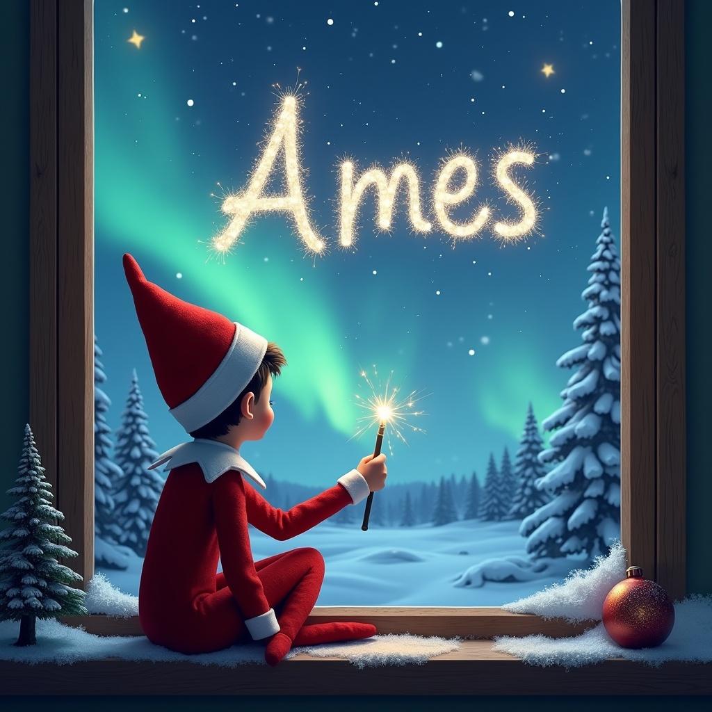 The image features an elf on the shelf, comfortably sitting with her back to the viewer. She gazes out the window at a breathtaking night sky illuminated by northern lights. With a magical wand, she forms the name 'Ames' in sparkling letters. The setting is a peaceful winter landscape, complete with snow-covered trees and a festive vibe. This heartwarming scene captures the spirit of the holiday season.