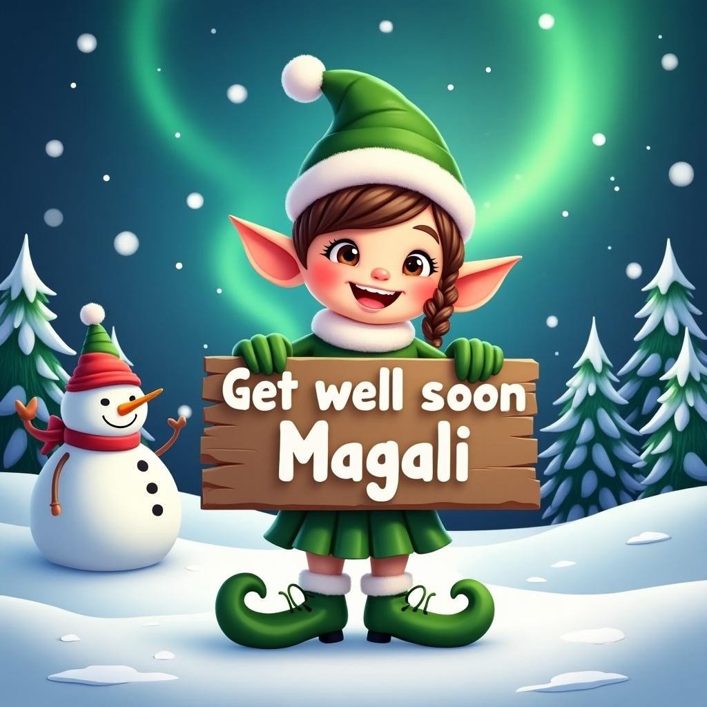 Snow Elf character holds sign saying 'Get well soon Magali'. Elf wears green and white outfit. Background has magical northern lights, snow-covered trees, and Snowman figure. Scene is cheerful and festive, creating a warm holiday atmosphere.