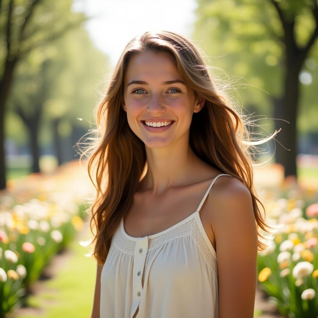 A cheerful young woman stands in a beautiful garden filled with blooming flowers. She has long, flowing hair and a radiant smile. Dressed in a simple, white top, she exudes natural beauty and confidence. The backdrop features an array of colorful flowers, creating a vibrant and lively atmosphere. The sunlight filters through the trees, adding warmth to the scene. This image captures a perfect moment of joy and tranquility in nature.