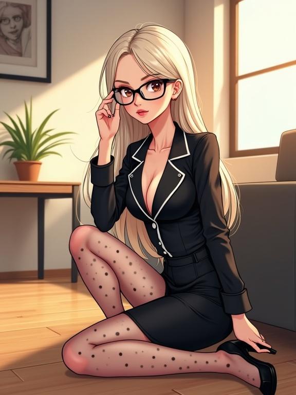 Anime-style illustration of glamorous woman with long platinum blonde hair sitting on knees in stylish apartment. She wears black-rimmed glasses and fitted black outfit with white trim. She adjusts glasses with one hand. Modern apartment features sleek furniture and clean lines. Soft natural light from slanted window highlights scene and polished floors. Clean art style with cel-shading and vibrant colors.
