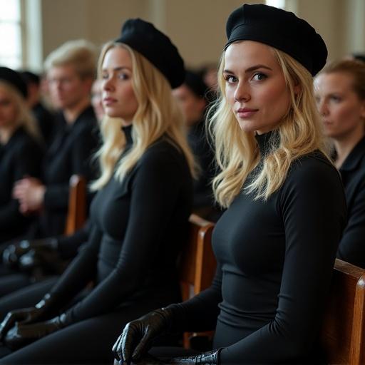 Group of women and daughters with blue eyes and blonde hair dressed in black bodysuits and accessories. They sit on chairs in a church environment. The women smile ironically while holding a black shoe.
