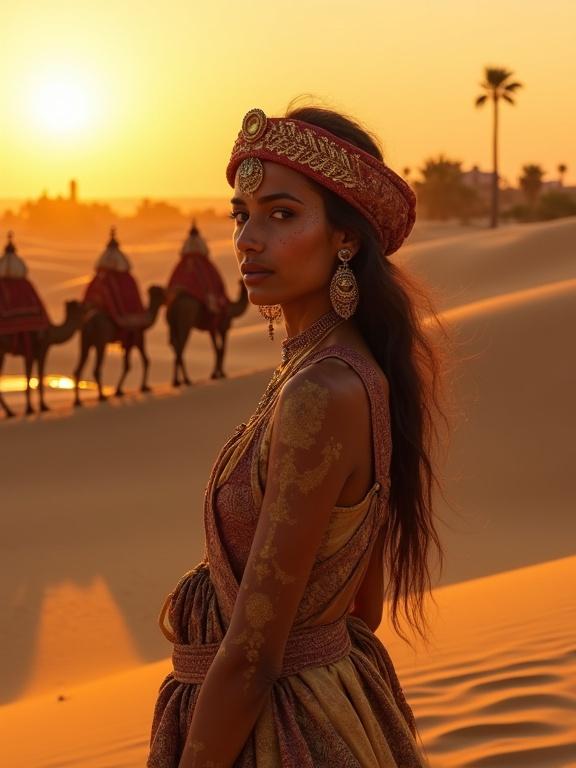 Backlit portrait of a nomadic princess with golden henna tattoos. She walks through sandy dunes at sunset. Behind her, a camel caravan and tents with oil lamps. An oasis with palm trees is reflected in the water on the horizon.