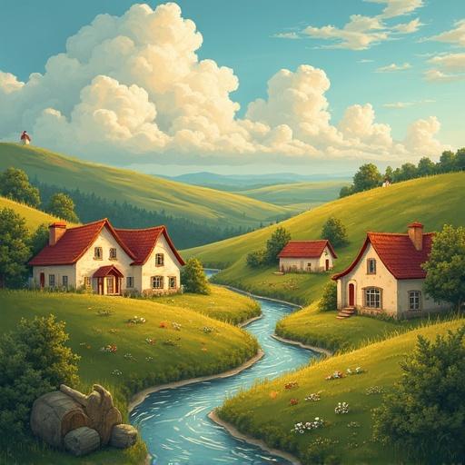 A whimsical countryside village scene. Quaint village houses with warm glowing windows. Nestled among rolling hills and gentle streams. Sky above filled with swirling clouds. Subtle signs of cozy village life integrated into the landscape. Idyllic countryside landscape with a soft, fantastical quality.