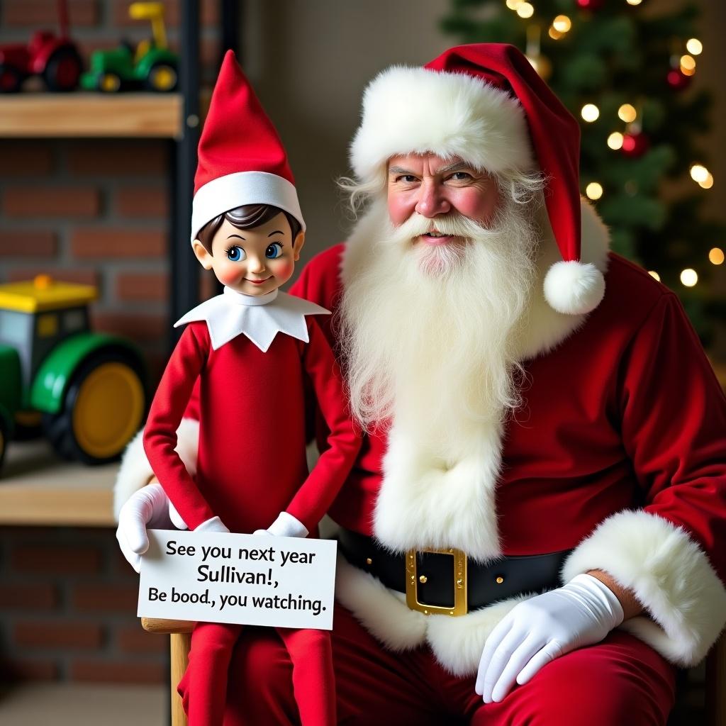 Image of an elf on the shelf sitting next to Santa Claus. Santa in traditional red outfit. Background shows Christmas decorations including a Christmas tree. Elf in red outfit with white trim holding sign that says ‘See you next year Sullivan, be good, we’re watching.’ Toy workshop setting with toy cars and tractors.