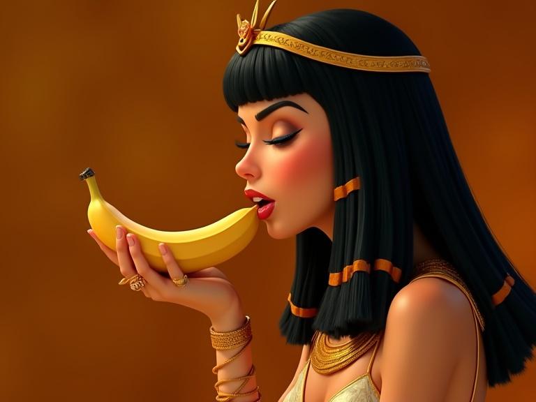 Cleopatra depicted in an elegant pose licking a banana against a background of orange tangerine color. The image showcases perfect composition in a Disney animated style.