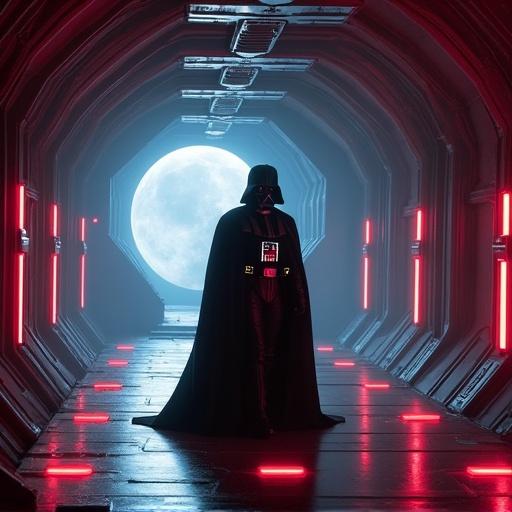 Portrait of a character in black armor walking in a narrow corridor illuminated by red lights and a large moon in the background.
