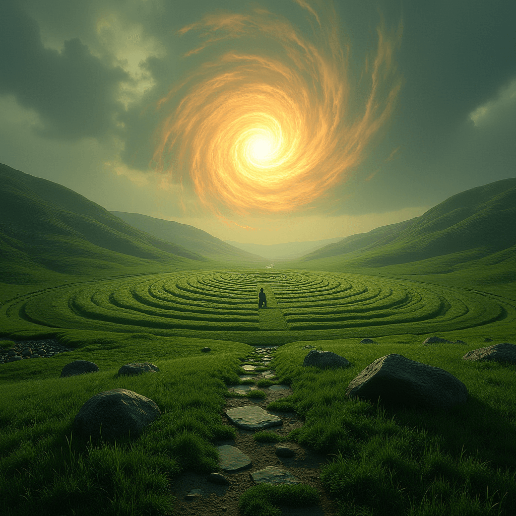 A solitary figure navigates a labyrinth in a lush green valley beneath a swirling, luminous sky.