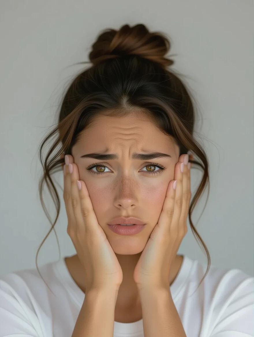 Mexican woman expressing stress and doubt with hands on head. Captured in a contemplative pose. Photorealistic depiction with dramatic lighting and emotional depth.