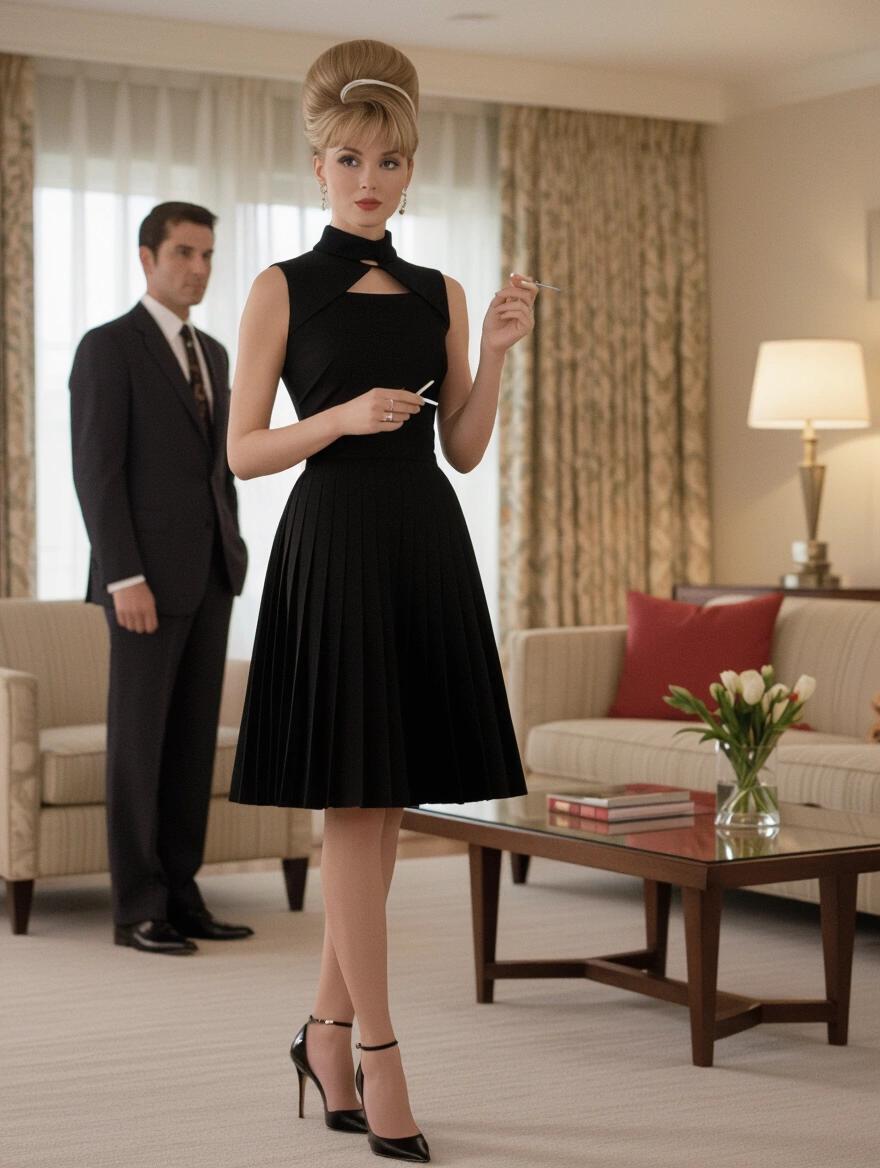 Woman in a short black pleated dress with a high collar stands in a stylish 1950s living room. She has a beehive hairstyle and is holding a cigarette. A well-dressed man stands behind her. The scene captures a vintage atmosphere with a soft focus and sharp details.