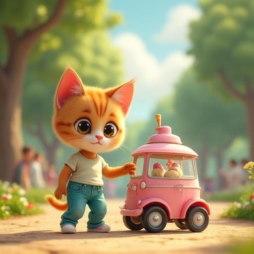 A baby cat with a human body stands next to a vintage ice cream cart in a sunny park scene. The cat has adorable features, big expressive eyes, pointy ears, and a fluffy tail. It wears a colorful t-shirt and shorts. The ice cream cart is retro with pastel pink and sky blue colors, decorated with bells and a striped canopy. Trees and children appear in the background, creating a lively atmosphere.