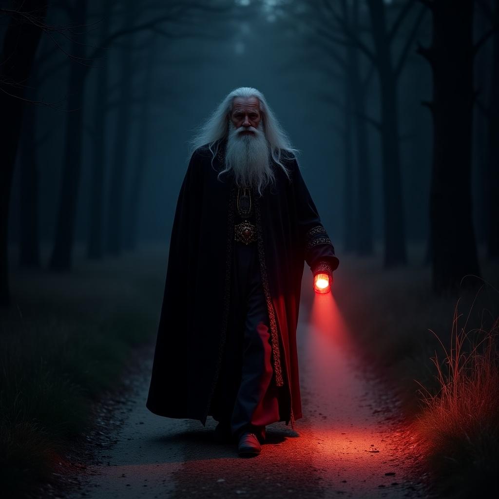 Solitary figure walking on a narrow path at night. The figure is an older wizard with long white hair and a dark cloak. He holds a red crystal gemstone that emits a bright light, illuminating the path ahead. The environment is dark, with trees surrounding the path and a quiet, serene atmosphere.