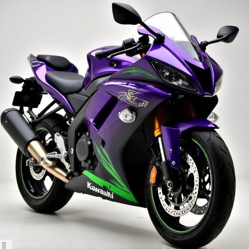 2008 Kawasaki Ninja 250R with purple fairings. Green and gold accents enhance the design. Motorcycle showcases modern sport bike aesthetics.