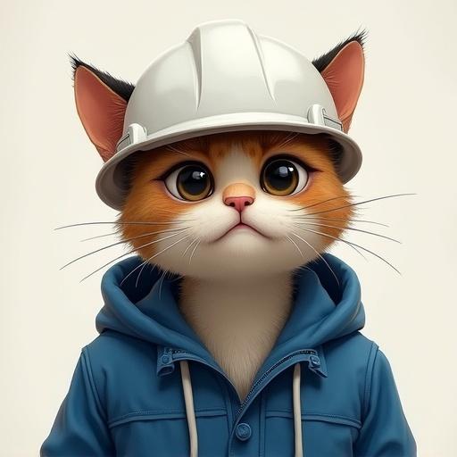 A semi-realistic cat wearing a white hard hat and blue work jacket. The cat has a sad expression with teary eyes, drooping ears, downturned mouth, and a slouched posture.