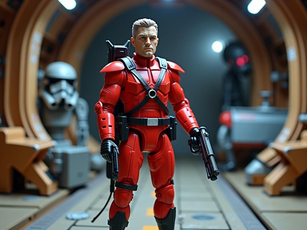 The image shows a detailed action figure wearing a bright red uniform and holding a toy blaster. It stands in a sci-fi hangar diorama, surrounded by futuristic machinery and space-themed decorations. The figure is posed in a commanding stance, emphasizing its role in a galactic storyline. The color and design of the uniform suggest a theme of authority and adventure. This setup creates an engaging backdrop, capturing the imagination of viewers who enjoy science fiction and collectibles.