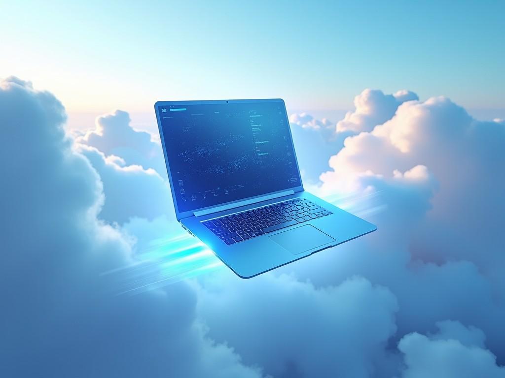 A laptop floating among clouds, symbolizing cloud computing and digital innovation.