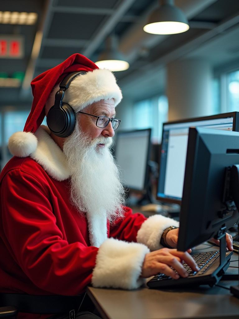 Santa Claus is working in a modern office in Hong Kong. He is wearing a red and white outfit with a Santa hat. He is focused on his computer tasks and has headphones on. Office setting features desks and screens.