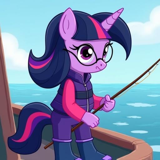 Twilight Sparkle is a human girl with glasses and navy-blue hair with a pink and purple stripe. She is on a fishing boat doing some fishing. She's wearing a purple life-jacket pink tracksuit top purple tracksuit pants and navy-blue wellington boots with purple soles.