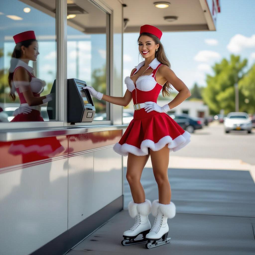 Detailed image of an athletic waitress at a drive-through. She wears a poodle skirt, skates, and a fez. She serves customers at an order screen. The scene captures a retro diner atmosphere.