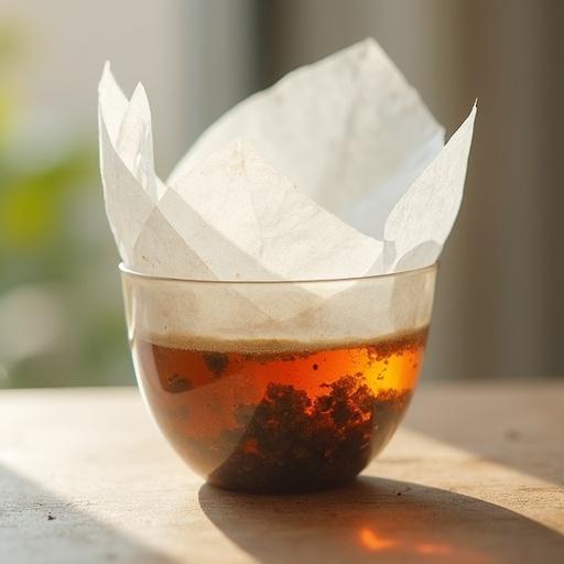 Glass bowl with tea bag filter paper. Warm amber liquid inside. Surroundings softly blurred. Natural sunlight streams through. Scene focuses on brewing tea process.